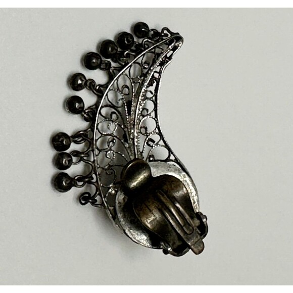 Vintage Oxidized Sterling Silver Earrings Filigree Clip On Climbers Wings Leaf - Picture 4 of 10